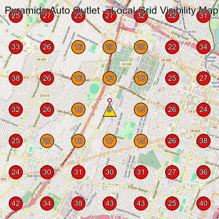 Pyramids Auto Outlet GeoGrid visibility map for Used Car Dealer in Newark